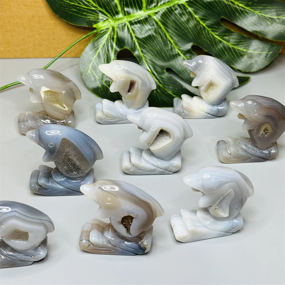 Natural Gemstones Dolphins Marine Spirits Agate Geode Hand-carved Home Room Decoration Festival Gifts Spiritual Stones Healing