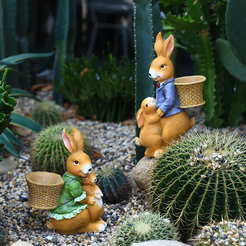 Creative Resin Rabbit Statue Simulation Bunny Family Flowerpot Craft Ornaments Yard Garden Outdoor Sculpture Easter Decorations
