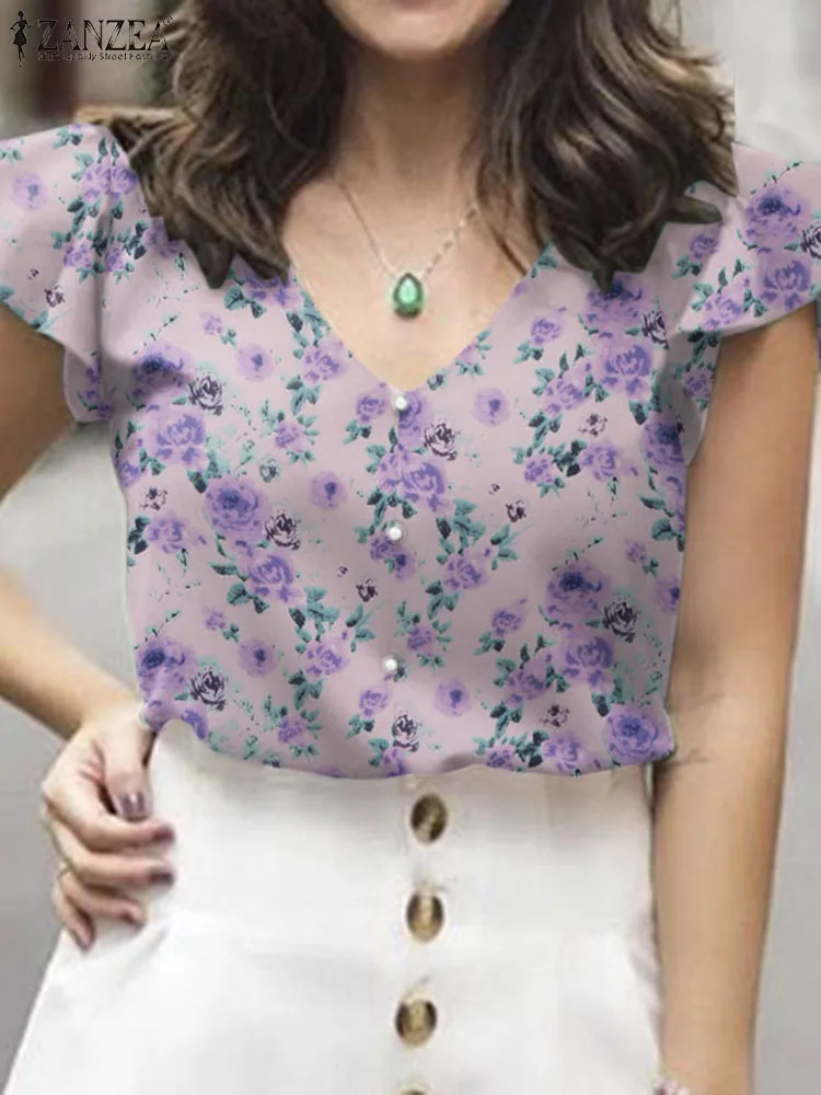2024 ZANZEA Women Floral Printed Blouse Summer BohemianShort Sleeve V Neck Tops Casual Beach Blusas Chemise Elegant Party Shirt