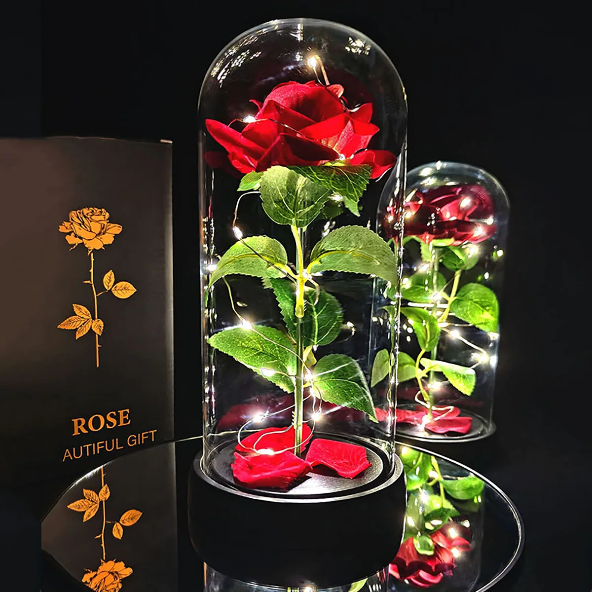 Lâmpada Decorativa LED Rosa em Domo, Presentes de Dia dos Namorados para Ela, Decoração de Quarto, Flor Artificial com Brilho Quente, Rosa Vermelha e Verde