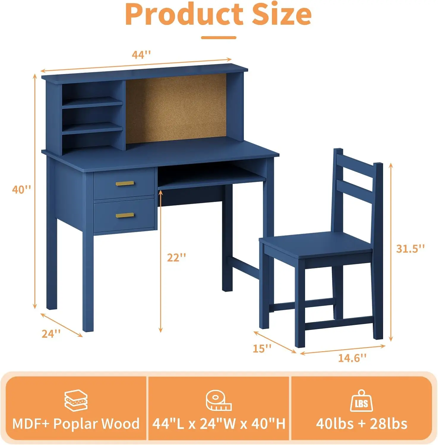 Kids Desk and Chair Set - Wooden Study Table with Hutch, Drawer, and Bulletin Board, Ideal for Bedroom or Study Room (Blue)