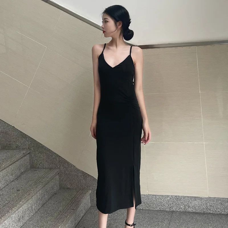 

Korean Fashion Sleeveless A-line Dress New Black Sexy Short Dress Female V Neck Long Sleeve Slim Solid Color Mid Calf Dress