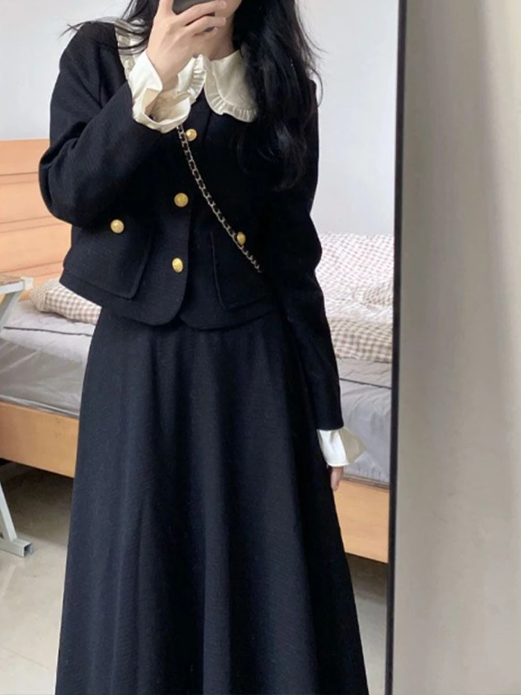 Autumn Elegant Two Piece Set Women Vintage Button Crop Coat Midi Skirt Set Female Vintage Slim Office Lady Formal Occasion Set