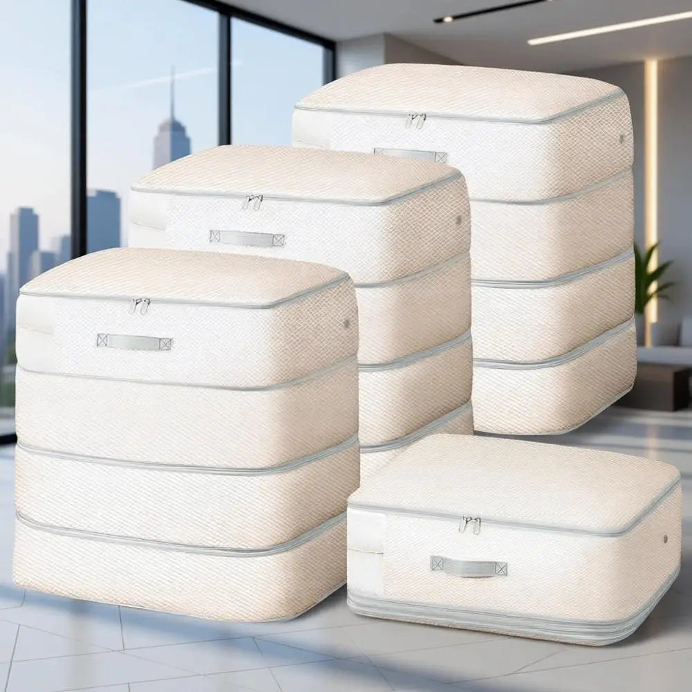 Bolsas Grandes de Almacenamiento para Mantas de 130L - Organizador de Compresión de 4 Capas que Ahorra Espacio, Lavable, Paquete de 4, Beige