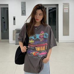 Retro American Print Short Sleeve T-Shirt Women's Summer New Style Loose Fit round Neckline Mid-Length Fashion Ladies' Top