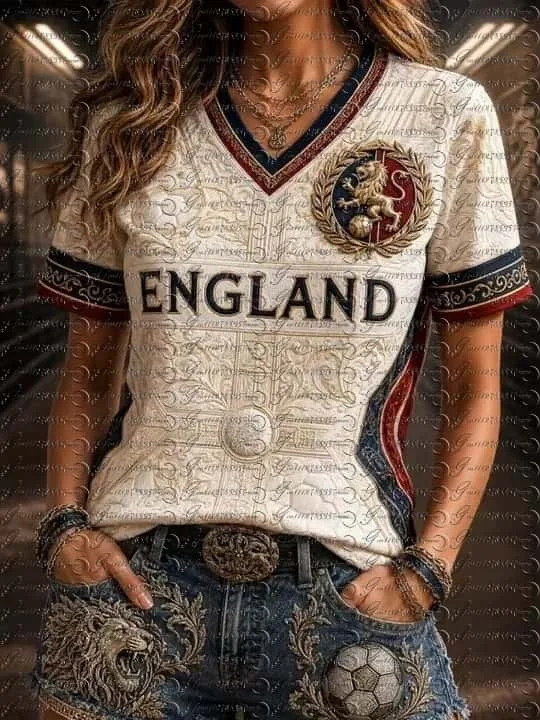 2026 New Women Football V-Neck T-Shirt Lion 3d Print Red White Blue Trim Soccer Fan Casual Short Sleeve Tee FamilyMatching