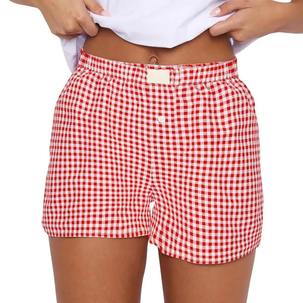 

Summer Wide Leg Shorts Women High-waisted Elastic Waist Plaid Print Loose Shorts Button Decor Casual Shorts Streetwear