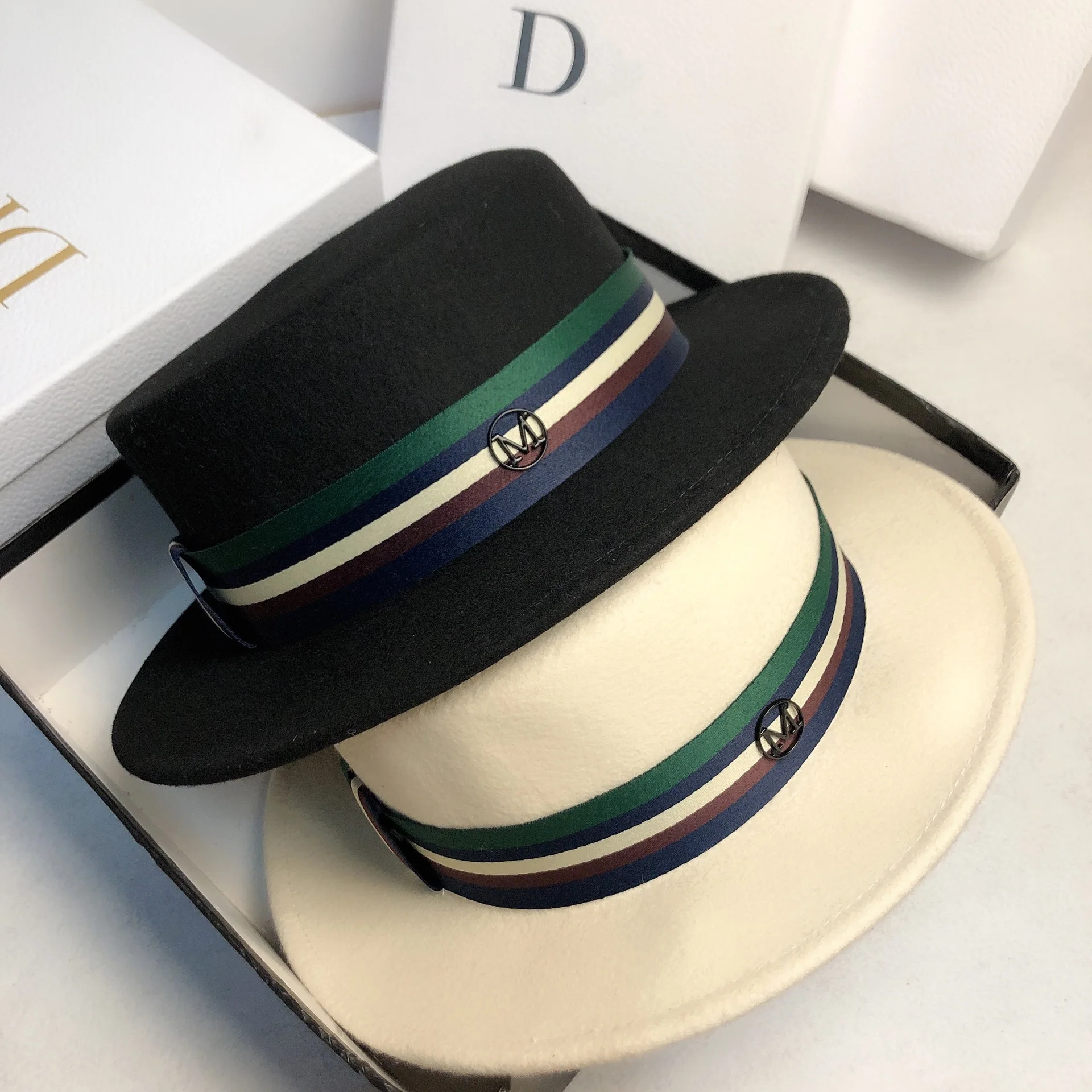 New star same flat top hat Autumn and winter wool French stripe with men's and women's versatile jazz hat