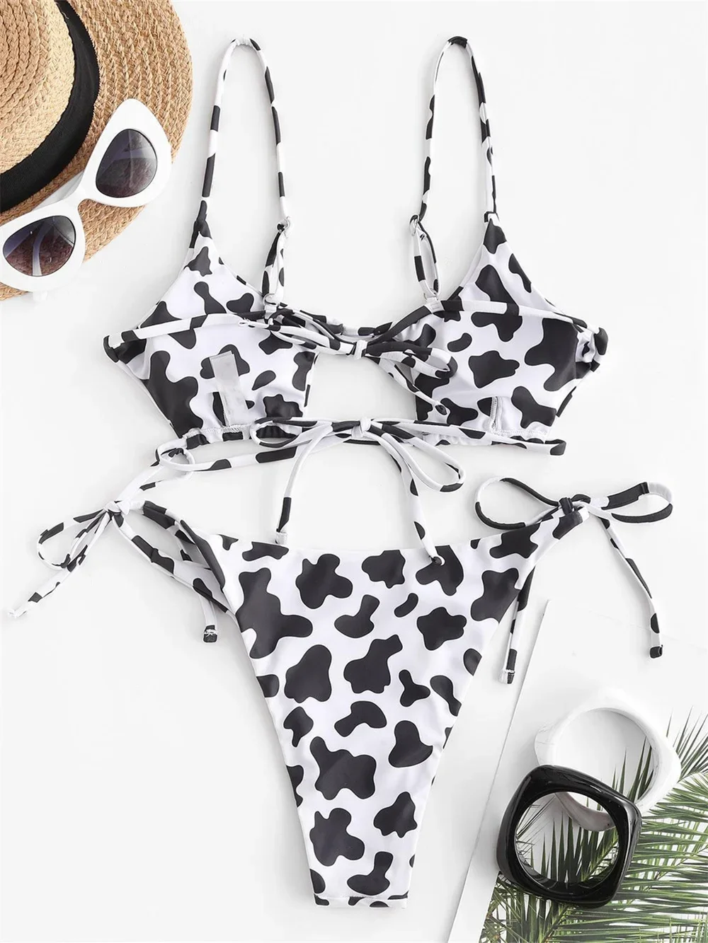 Cow Print Sling Bikini Pentagonal Swimsuit String Backless Micro Bikinis Extrem Beach Wear Women Vacation Swimwears Bathing Suit