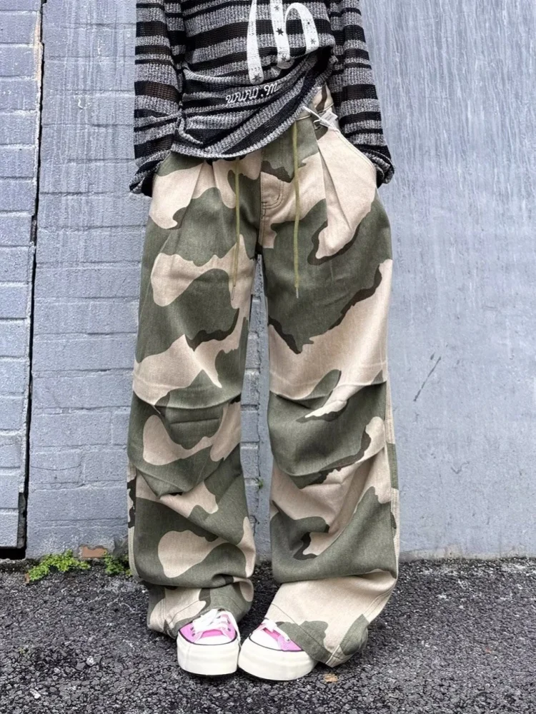 

2025 Japanese Y2K Streetwear Camouflage Baggy Pleated Jeans Pants For Women Clothing Wide Leg Harajuku Casual Lady Long Trousers