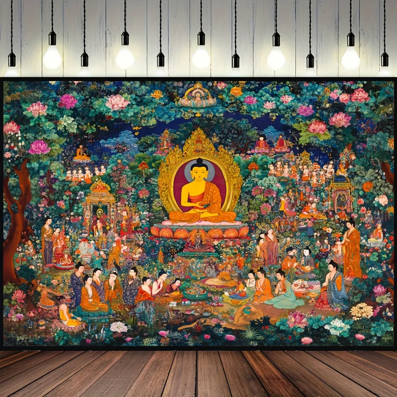 VIKAMA Pure Land Wandteppich im tibetischen Thangka-Stil, Buddha-Kunst-Wandbehang für Wohnzimmer, Arbeitszimmer, neue chinesische Dekoration, Yoga-Studio, Ruhe