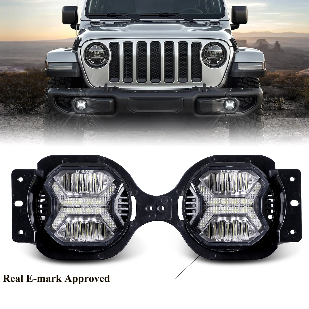 Phares antibrouillard à LED avec DRL pour Jeep Wrangler JL JLU dehors, Rubicon Sahara 2018-2023, Emark E24, 60W, 4 pouces, 1 paire