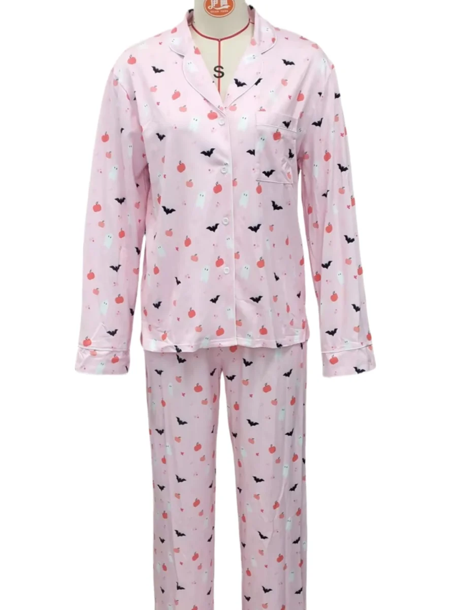 Halloween Pajamas Women Ghosts And Pumpkins Print Sleepwear Long Sleeve 2 Pieces Aesthetic Preppy Pajama Sets Loungewear