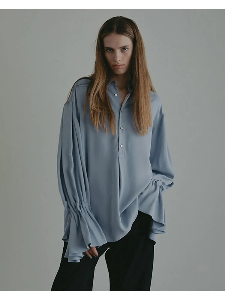 

Autumnal Court Style Loose Long Sleeve Women's Shirt Satin Chiffon Bell Sleeve Loose Fit Blue Top Casual Elegant Fashion
