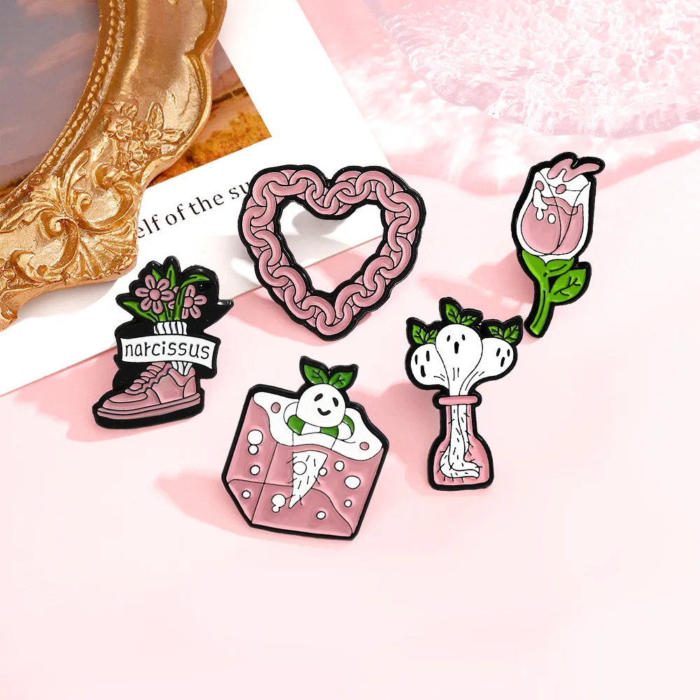 Cartoon Plants Flower Enamel Pins Cute Holly Lily of the valley Rose Magritte Cactus Lotus Lapel Badges Jewelry Gifts For Kids