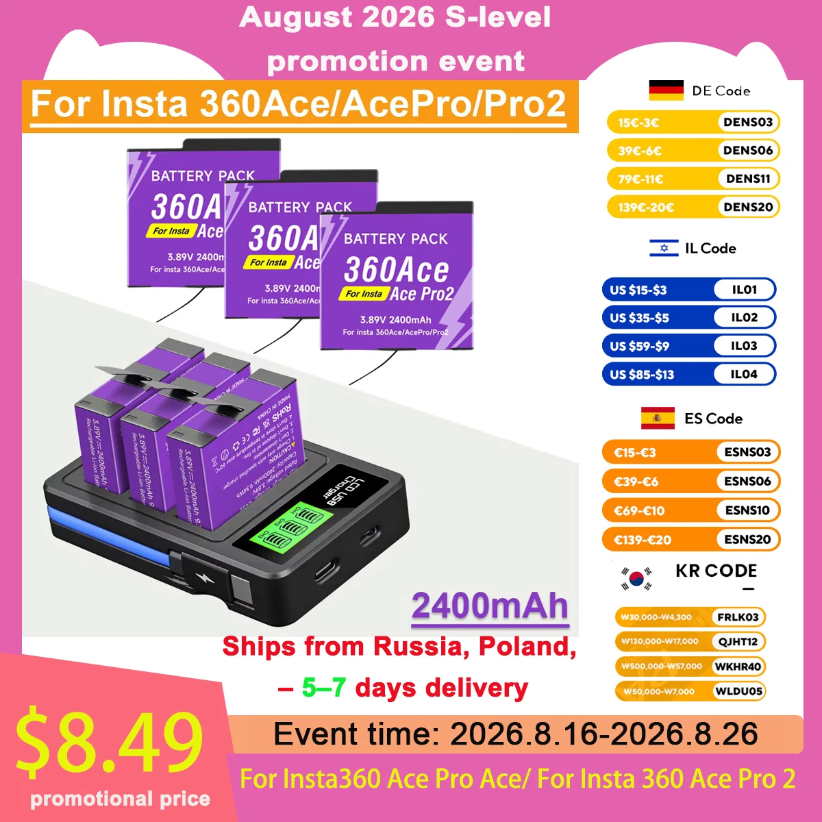 2400mAh Hochleistungsakku für Insta360 Ace Pro Ace + 3-Slot-LED-Schnellladegerät für Insta 360 Ace Pro 2 Action-Kamera-Zubehör