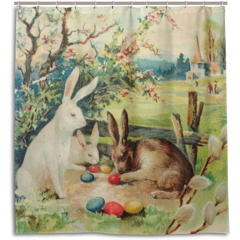 Easter Eggs Hares Bunny Art Waterproof Polyester Fabric Bathroom Shower Curtain Set with Hooks