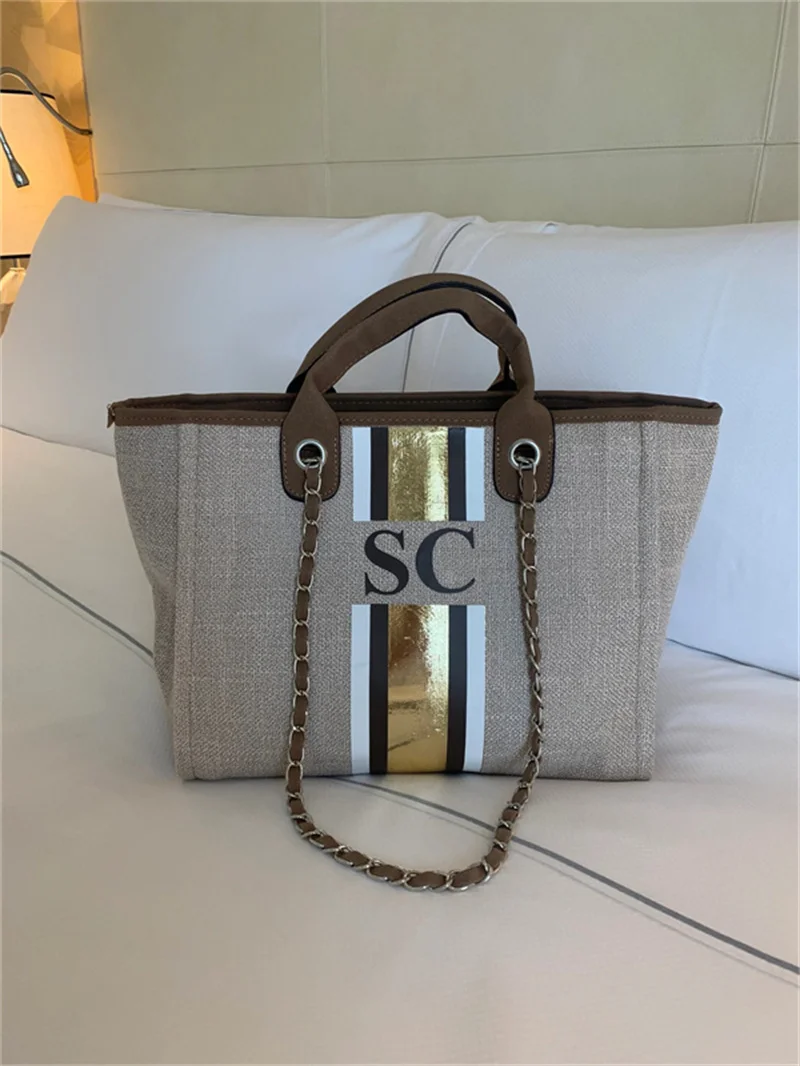 personalized-monogram-tote-bag-canvas-customised-beige-brown-white-gold-chain-handbag-personalised-stripe-initials-gifts-for-her