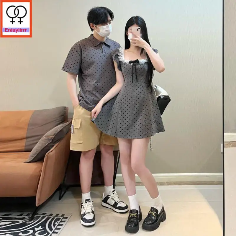 Coppia abbinata Camicia Abito Amanti Vestiti 2025 Estate Luna di miele Data Vacanza Carino Retro Vintage Mini Papillon T-shirt Abito