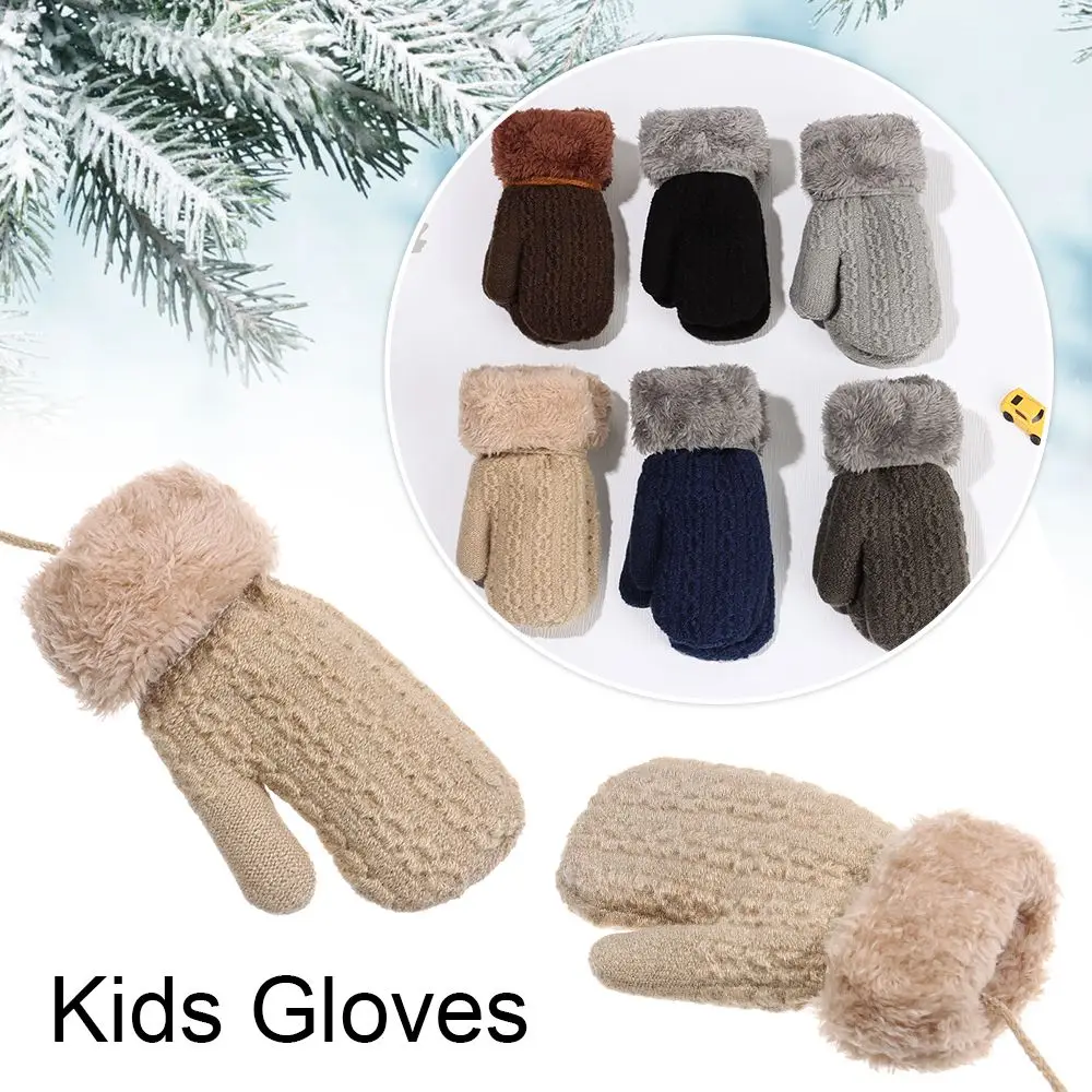 For 1-4 Years Baby Boys Girls Soft Hanging Neck Knitted Mittens Cute Cartoon Thick Warm Kids Gloves