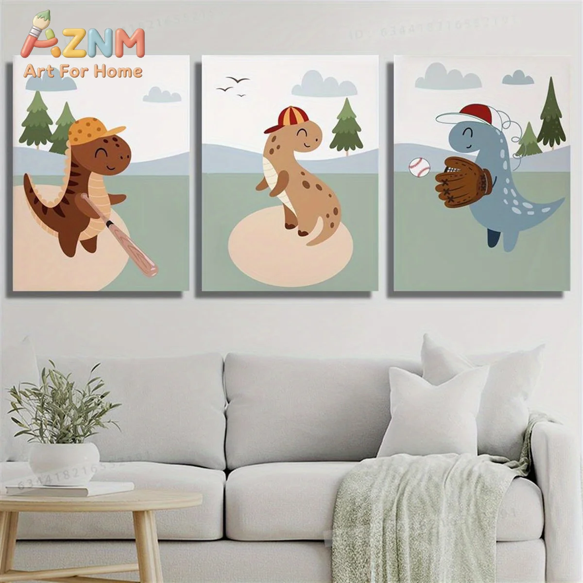 AZNM Sport Dinosaur Canvas Wall Art Cartoon Baseball Dino Tree Forest Frameless Canvas Painting Nursery Boys Room Home Decor Pos