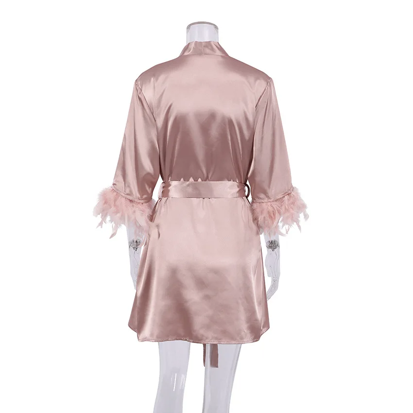 Feather Robe Gown Women Patchwork Kimono Bathrobe Nightgown Satin Sexy Sleepdress V-Neck Short Loungewear Bridal Nightdress