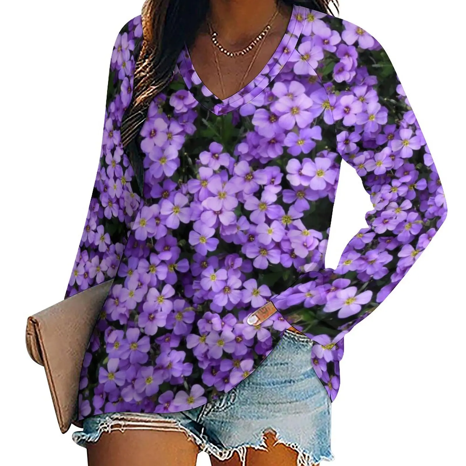 

Violet Flower Print T-Shirts Purple Floral Korean Fashion T-Shirt Long-Sleeve Pretty Tee Shirt Women Clothing Large Size 5XL 6XL