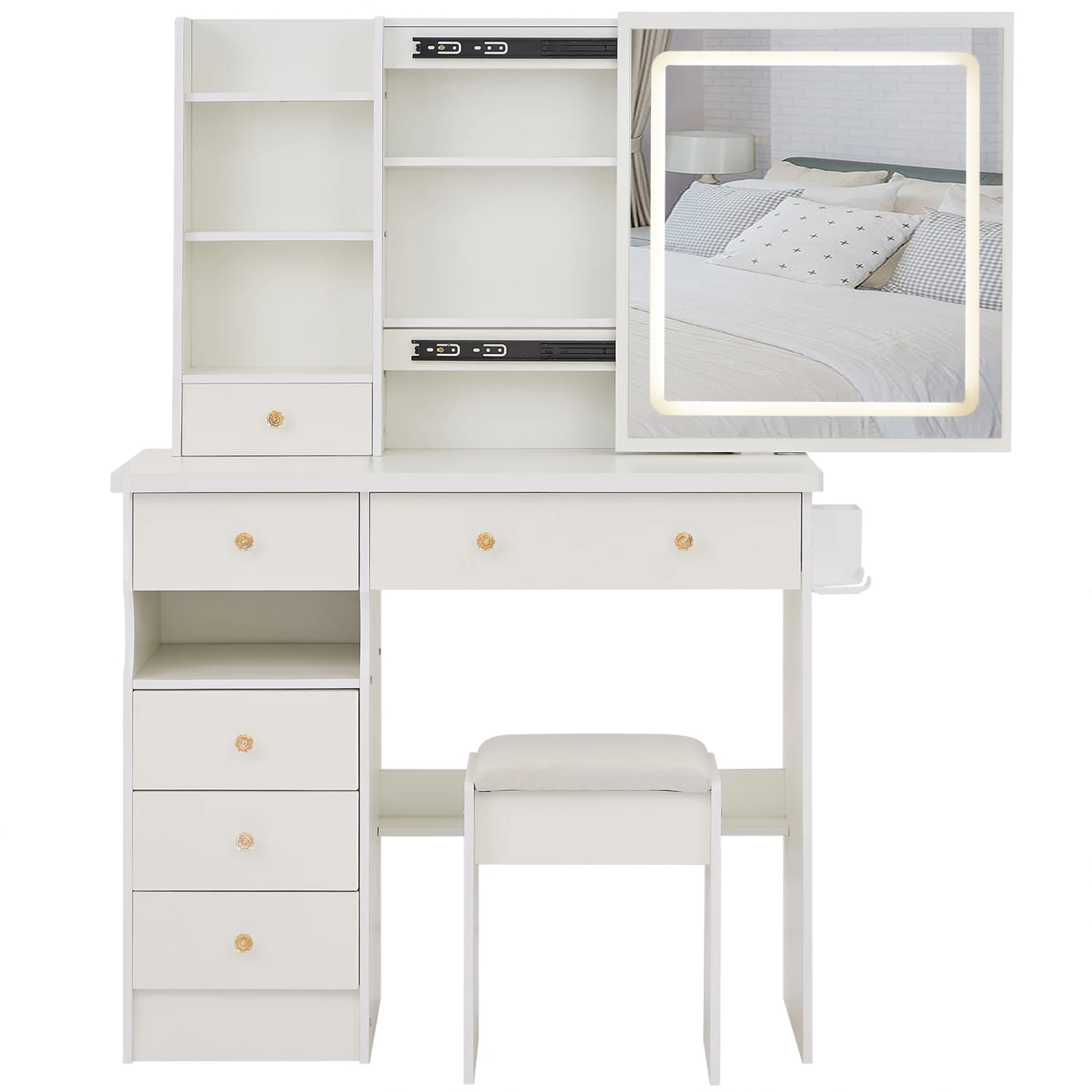 

37" Vanity Set with Left Drawer + Stool, Hair Dryer Stand, LED Touch Mirror, 3-color Switch, EPA/GCC/UL Certified
