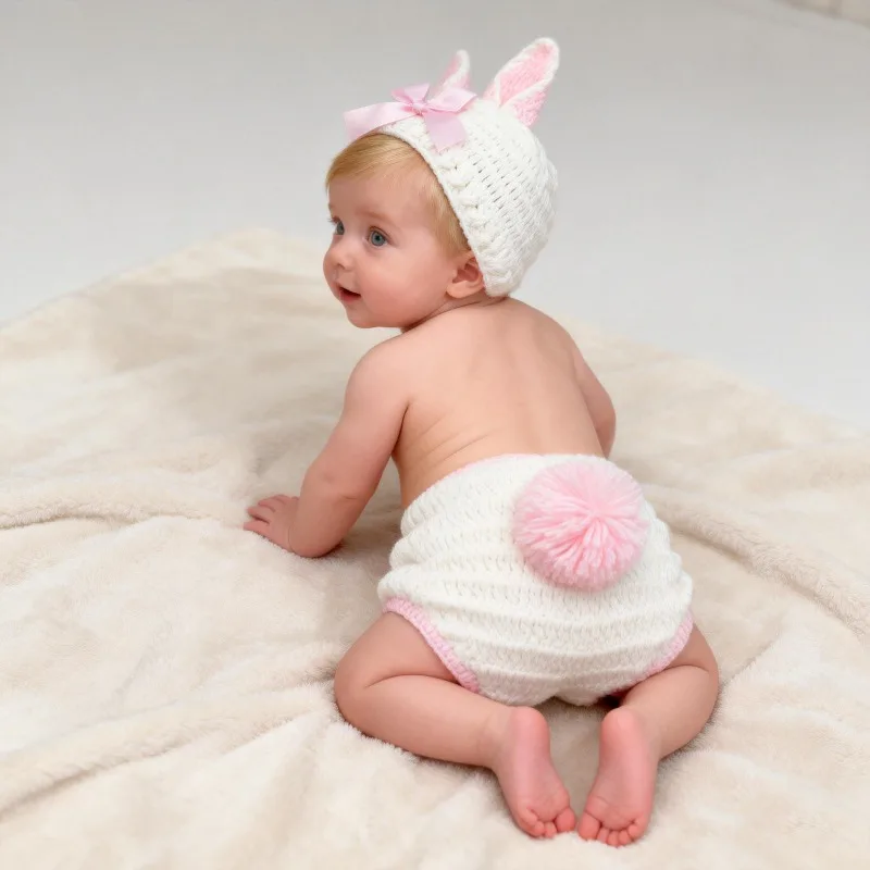 Newborn Photography Props Baby Girl Knitted Bunny Ear Hat Diaper Cover Set Crochet Pink Bow Rabbit Outfit Photo Shoot Costume