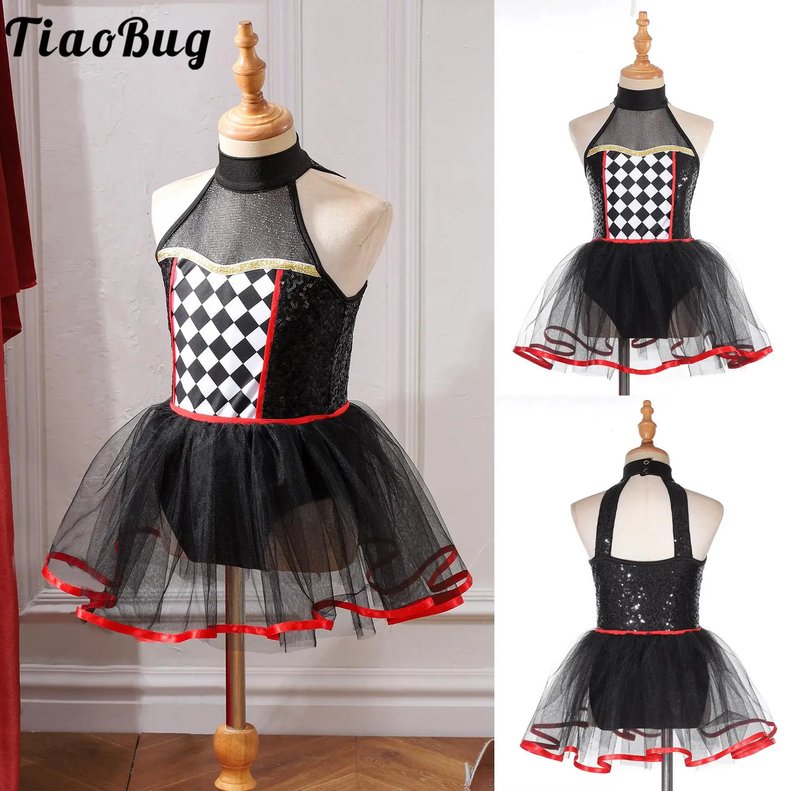 Kid Girl jersey Ballet Dance Tutu Dress Halter Neck Checkerboard Sequins Mesh Skirted Leotard Jester Clown Costume Dancewear