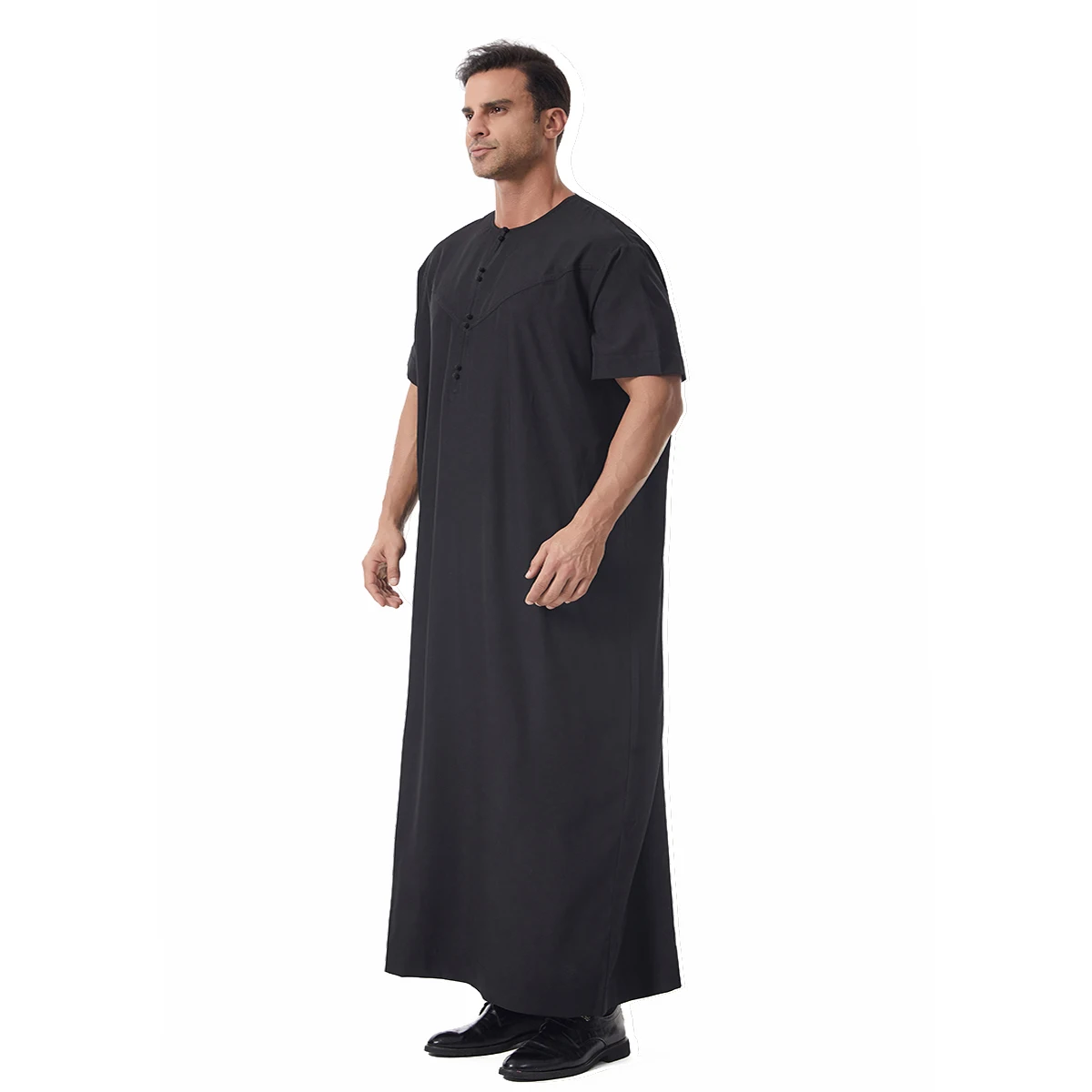 TH845 Muslim Men's Short Sleeves Pure Color Ankle Length Round Collar Button Robe Islamic Kaftan