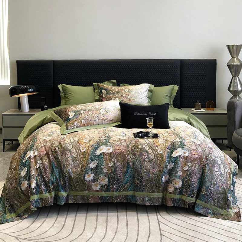 Luxury Egyptian Cotton Flower Oil Painting Style Bedding Set, Duvet Cover, Linen Fitted Sheet, Pillowcases, Home Textile