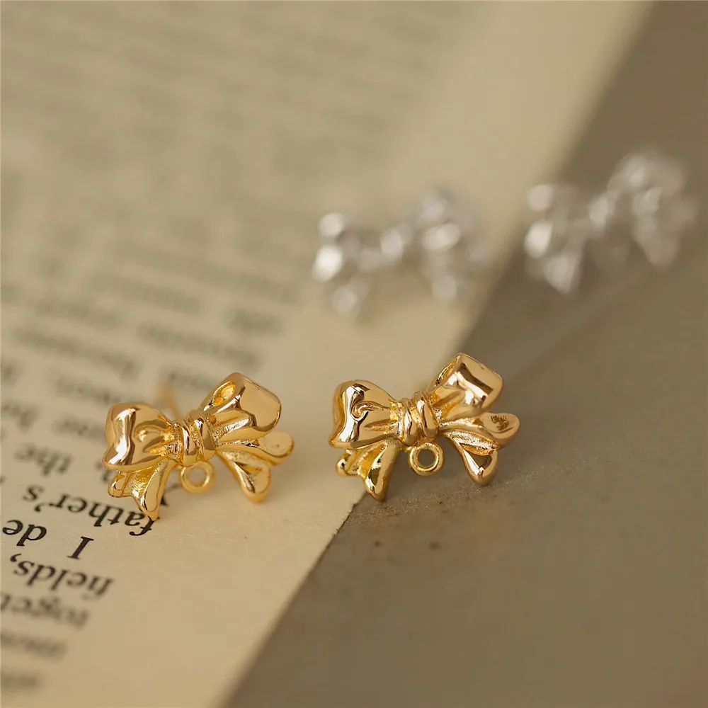 Copper Plated Real Gold Glossy Ribbon Bow Silver Needle Stud Earrings DIY Handmade Charm Accessories