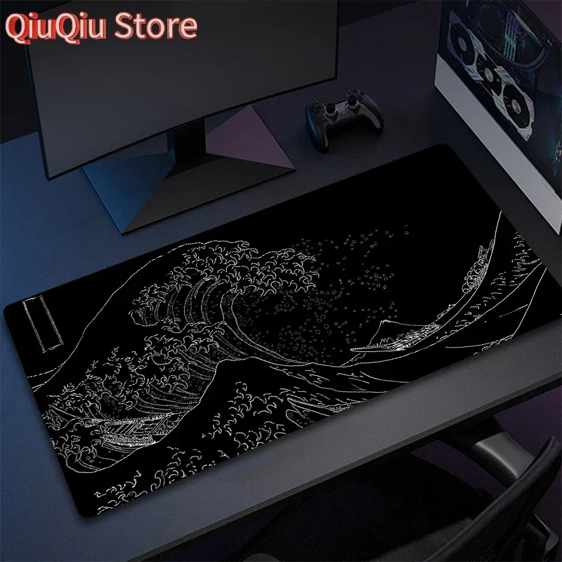 Japan Black Sea Wave Großes Mauspad, erweitertes Gaming-Mauspad, Desktop-Pad mit genähter, rutschfester Gummiunterseite, Tastaturmatte 80 x 30 cm