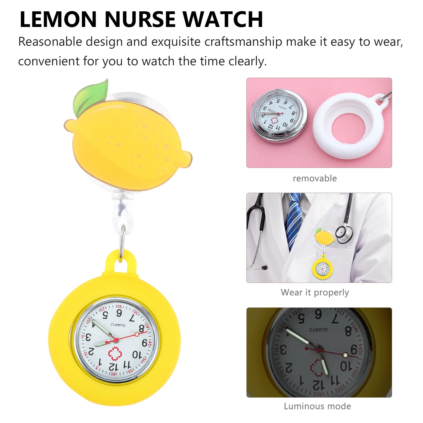 Chic Pocket Watch for Lady Luminous Lemon Nurse Design Retractable Chest Watch Waterproof Daily Use Unique Exquisite