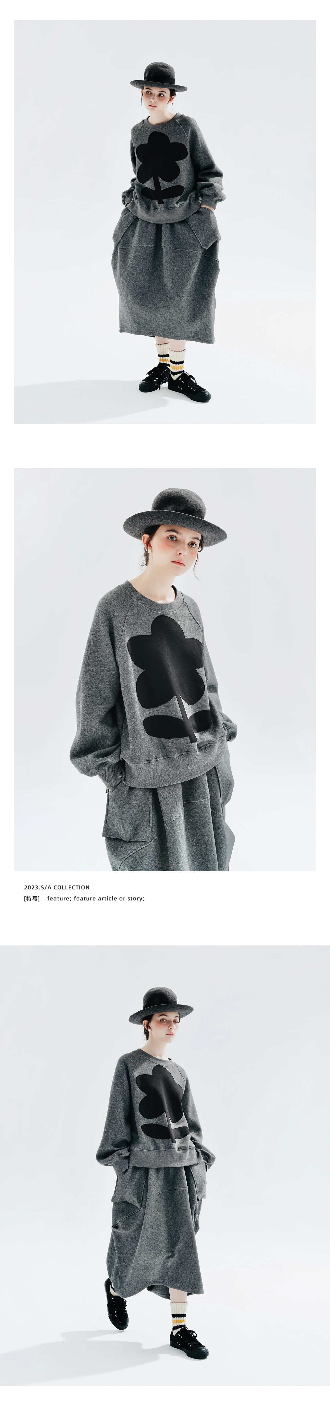 imakokoni Grey Large Flower Print Crew Neck Sweatshirt Tops Women's Hoodies & Sweatshirts Casual Female Clothing for Women