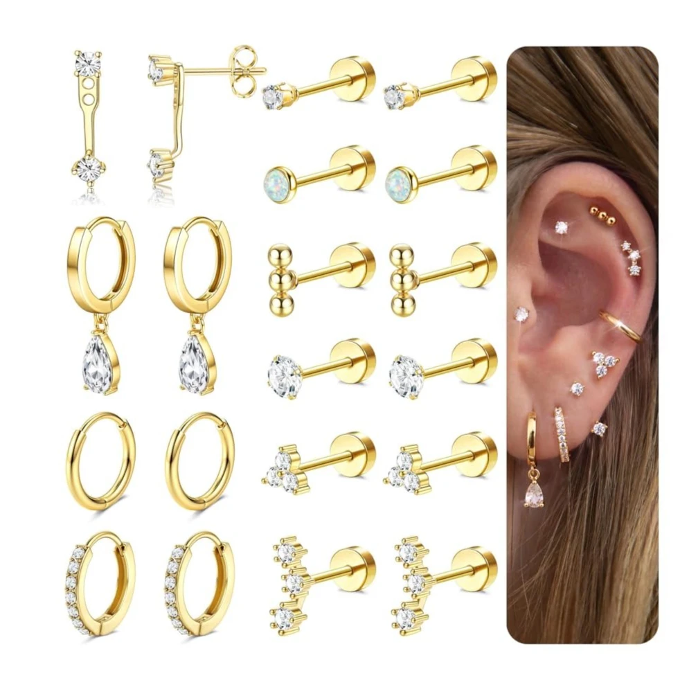 Florideco Flat Back Earrings 14K Gold Plated Cartilage Earring for Multiple Piercing Surgical Stainless Steel Earrings for Women