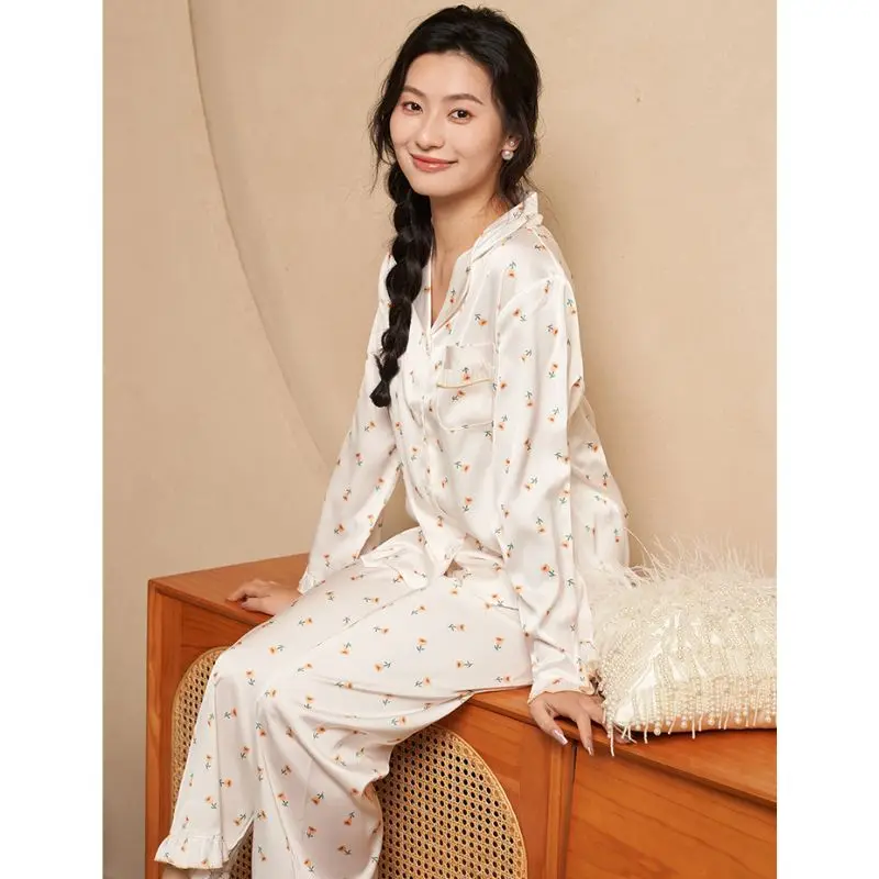 2024 Spring Summer New Ice Silk 2 Pieces Pajamas for Women Cardigan Ruffle Edge Pants Women\'s Pajamas Sweet Printing Loungewear