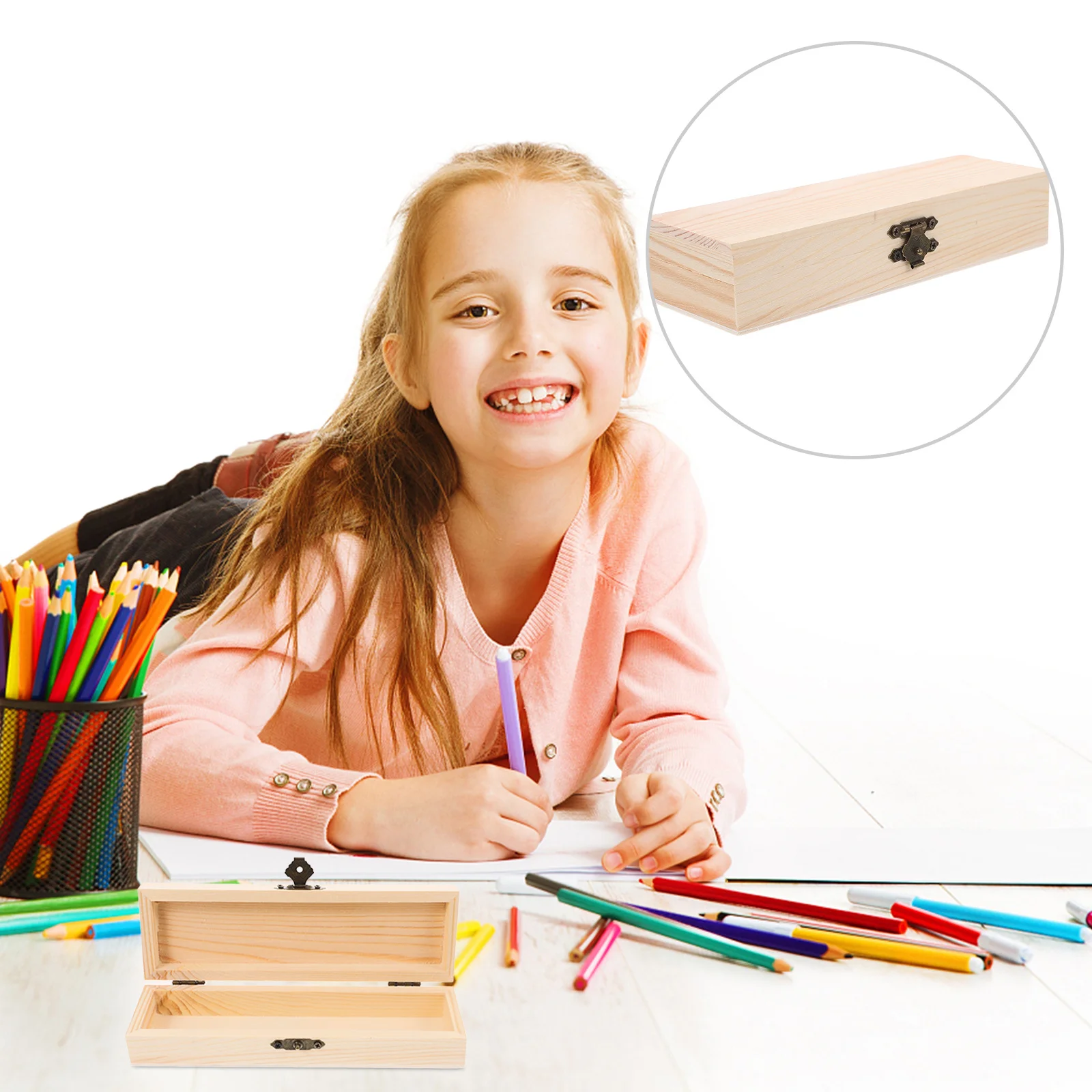 

DIY Wooden Pencil Box Lock Unfinished Stationery Organizer Case for Kids Adults Brush Storage Marker Case Wooden Pencil Box
