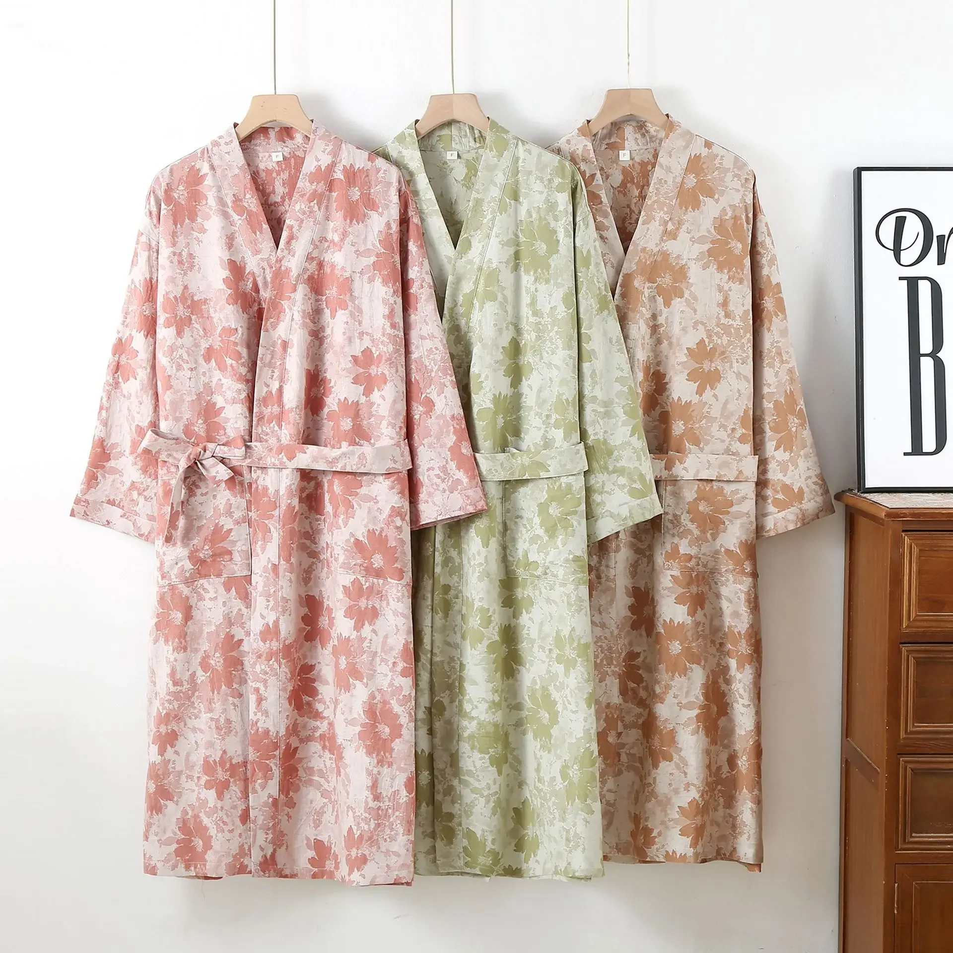 

Халат-кимоно из чистого хлопка, весна-лето, женская одежда для сна с цветочным принтом, халат с рукавами три четверти, женские халаты
