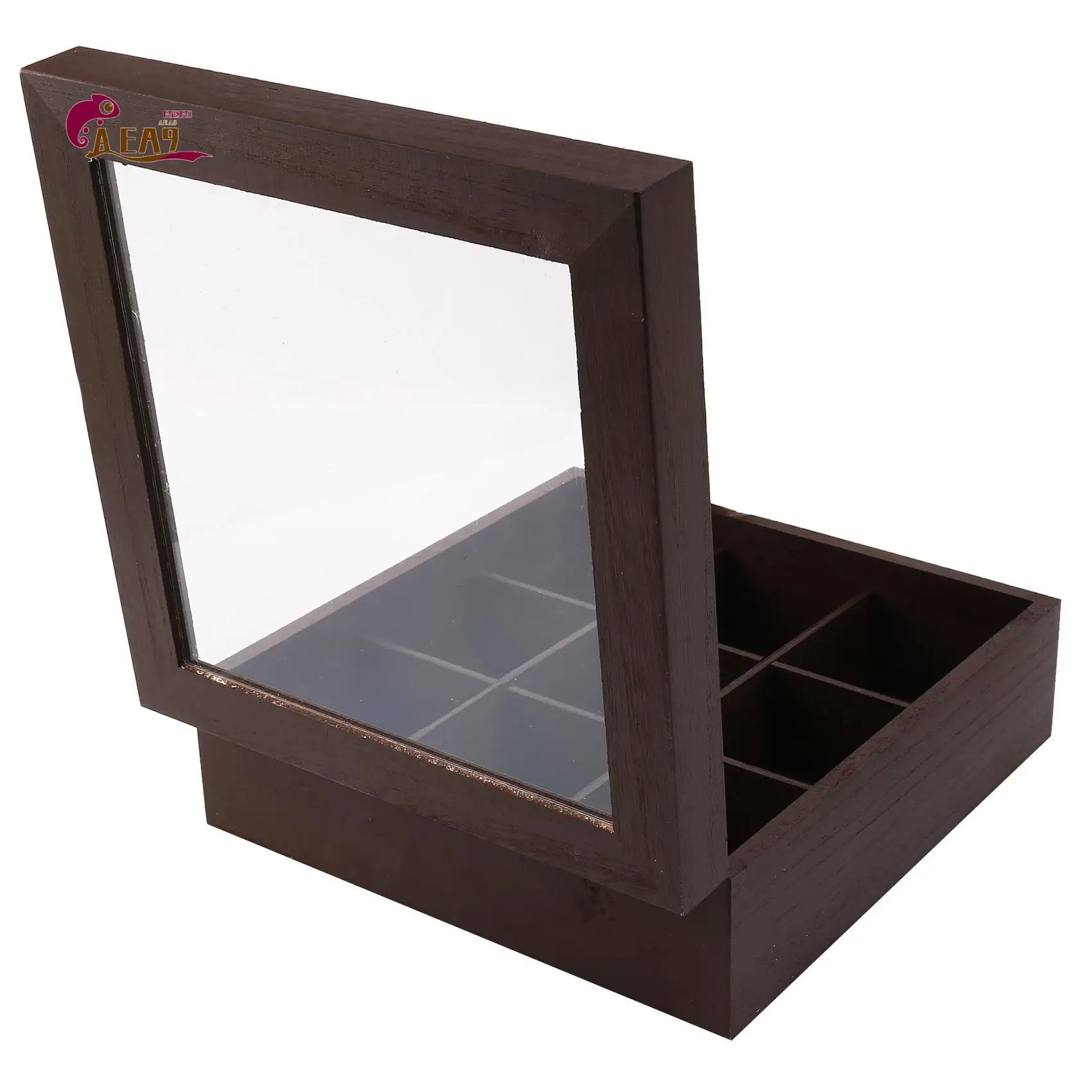 

AEA9-Wooden 9 Grids Tea Box Tea Bags Container Storage Box Square Gift Box Case Transparent Top Lid Jewelry Storage Box