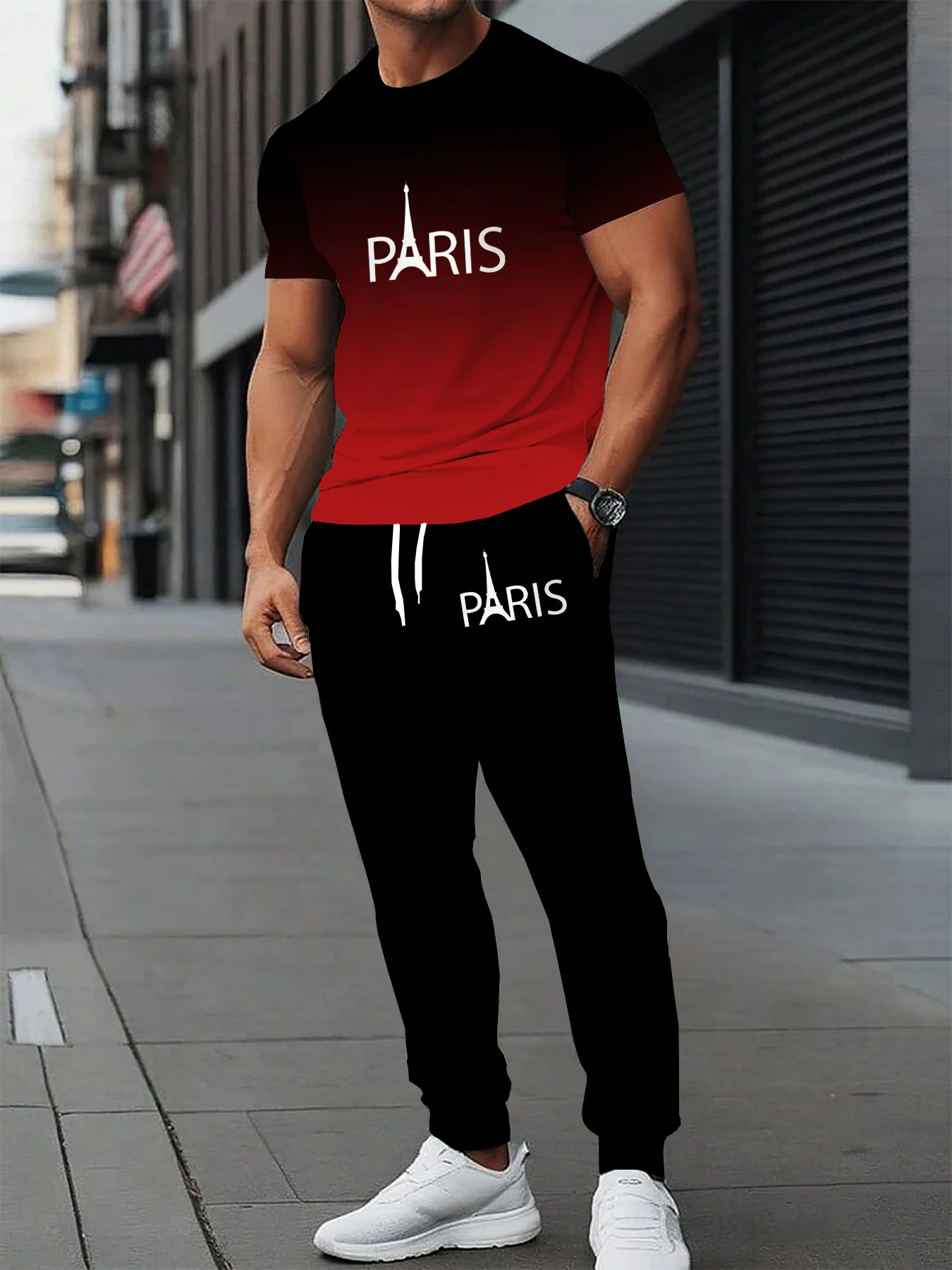 

Summer men's casual sports short sleeved T-shirt long pants 2-piece set soft and comfortable outdoor round neck men's clothing