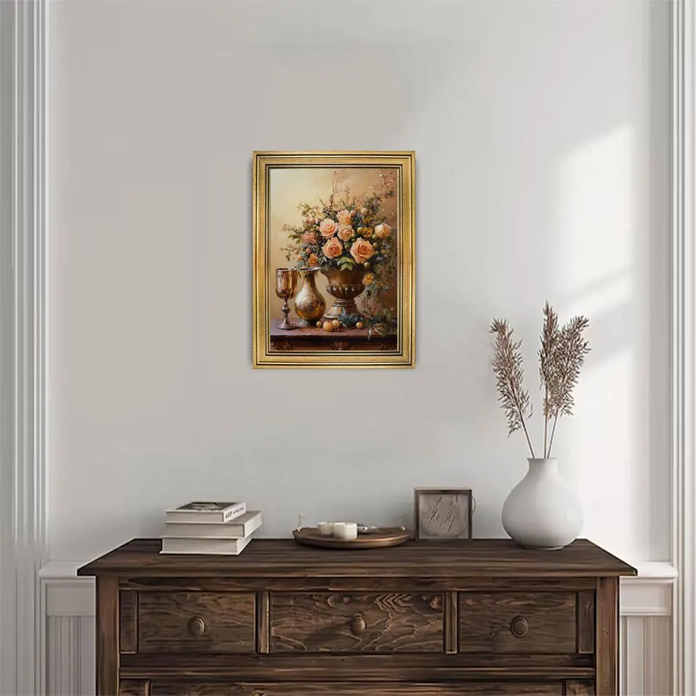 

Elegant Vintage Floral Canvas Art in Golden Frame - Mansion Style Home Decor, 11.8x15.7 inches