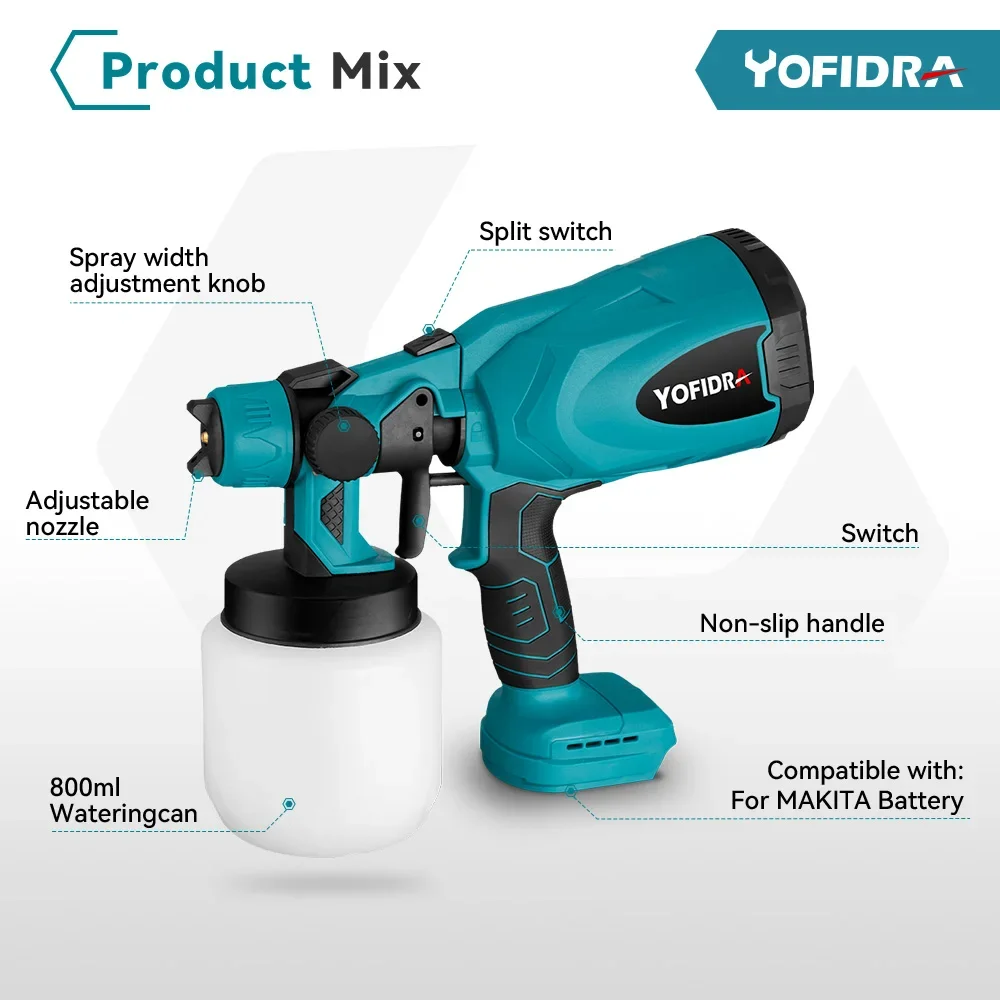 Yofidra 800ML Cordless Spray Gun High Power Electric Paint Sprayer Capacity Household Easy Paint Sprayer For Makita 18V Battery