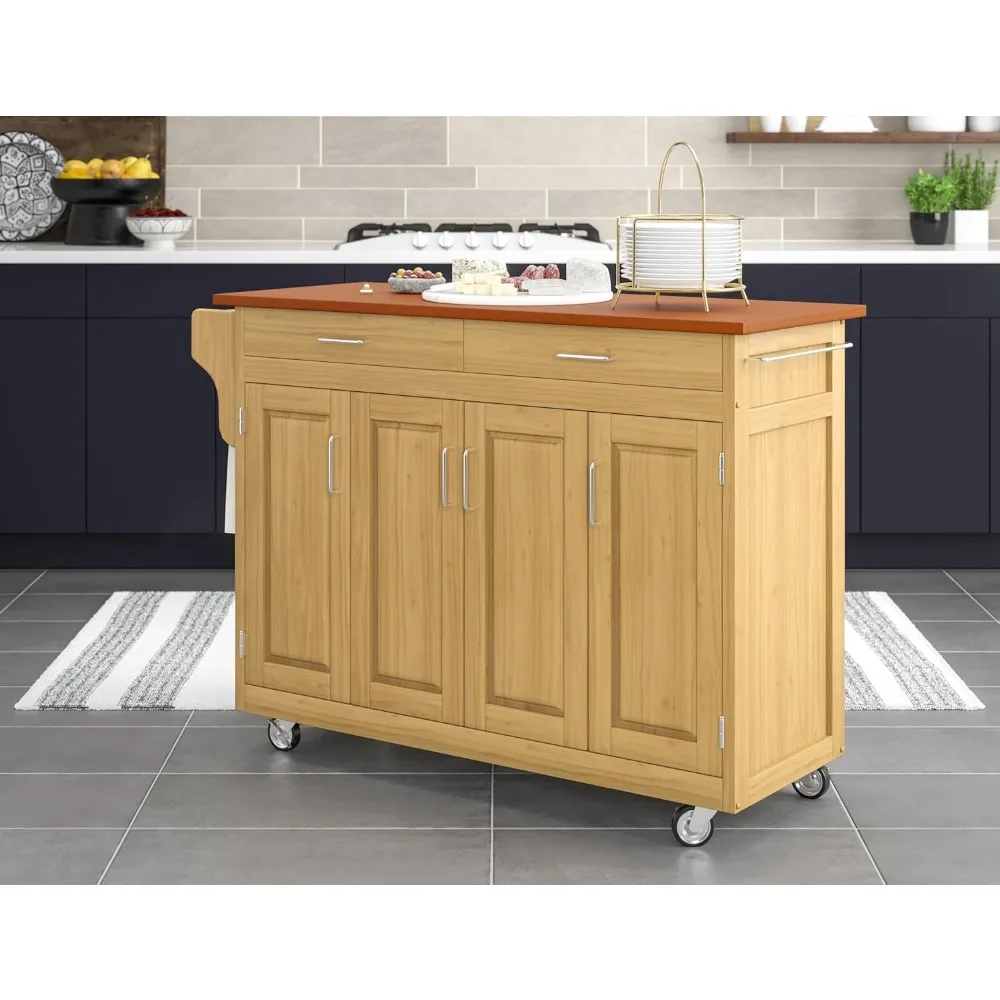 Kitchen Island Natural Finish Four-door Cabinet with Oak Top, Four Wood Panel Doors, Three Adjustable Shelves, Two Drawers