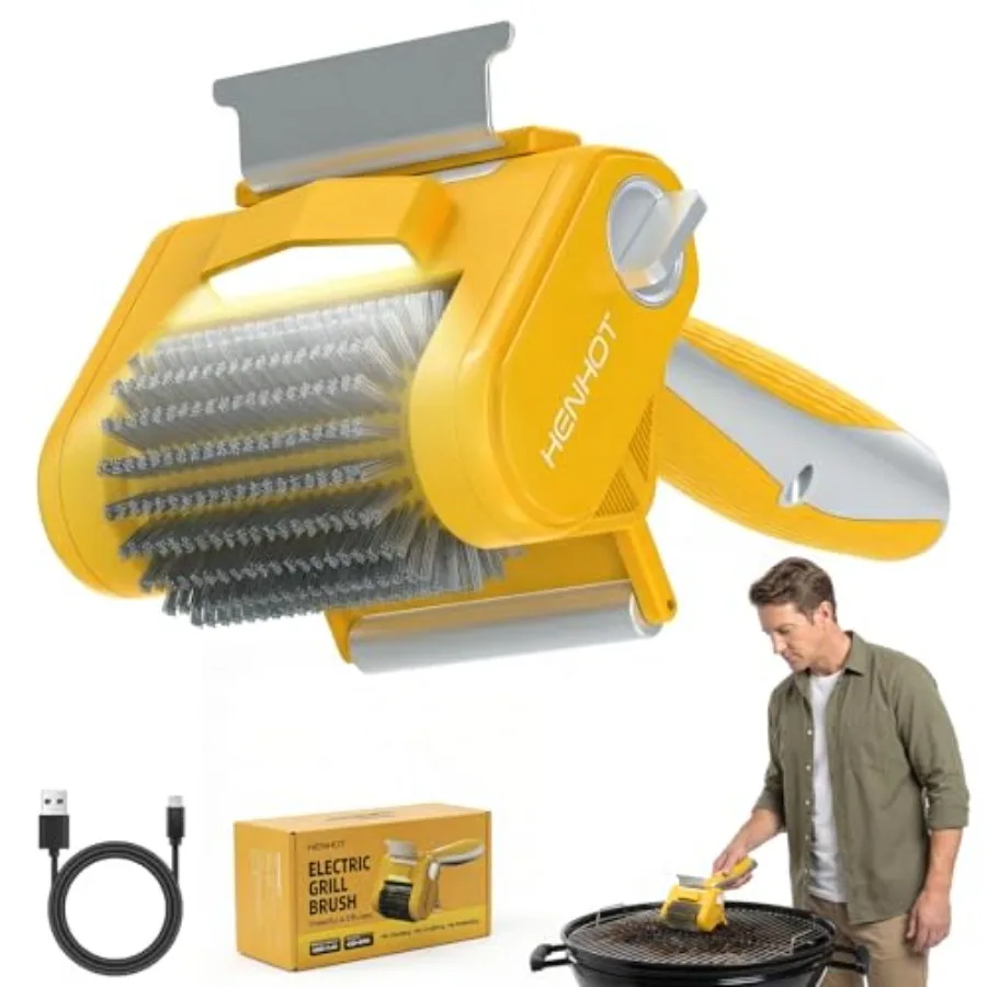 

Electric Grill Brush for BBQ cleaning: stainless steel head, black silver, anti-lock motor + built-in scraper, 4000mAh battery,