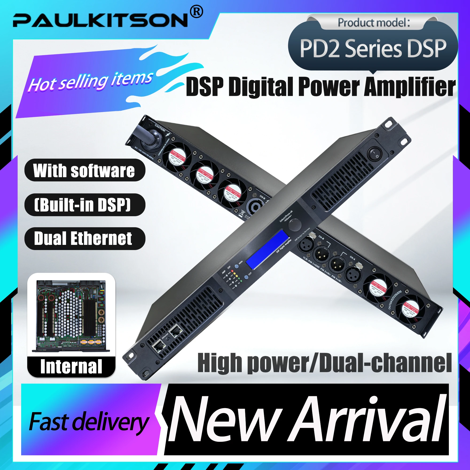PAULKITSON PD2 DSP Digital Power Amplifier 2 Channel 1U Rackmount Professional Stage Audio Amp with Software Remote Control