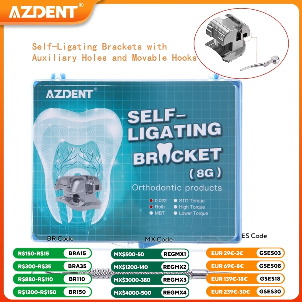 AZDENT-soportes de ortodoncia Dental, soportes autoligados insertados, ganchos móviles prensables, orificio auxiliar, tubo bucal 28 unids/caja