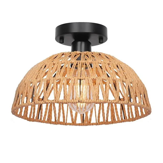 Home Decor Bohemian Rattan Ceiling Light with Mid-Century Handwoven Pendant Design E27 Base Modest Ceiling Lamps