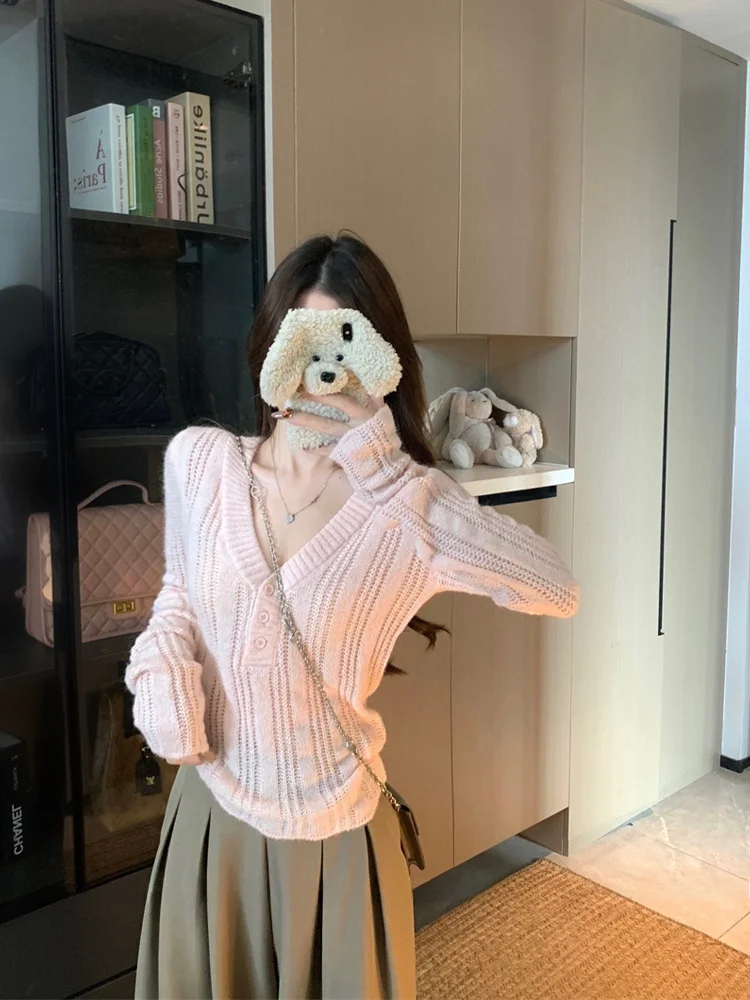 

Women's V-Ne Hollow Long Sve Knitted Sweater Slimming Faionable Casual Sle Spring 2026 New Arrival Inner Wear Top